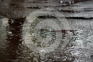 Gota de agua en charcos sobre el asfalto 