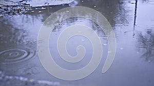 Raindrops in a puddle of water splash autumn nature overcast gloomily blue