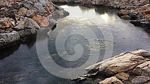 Raindrops and ripples on the water surface.