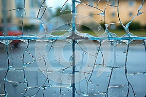 Raindrops on shattered glass window with blurred street view in background