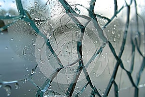 Raindrops on a shattered glass window pane texture and background