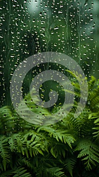 Raindrops on window with green fern leaves background