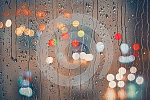 raindrops on the window and multi colored street lights at night