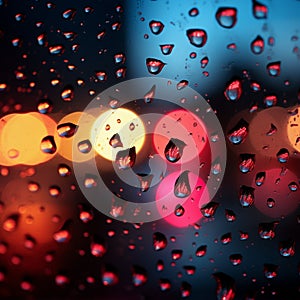 Raindrops on window, red and colorful lights brighten the night