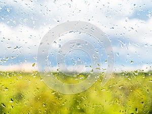 Raindrops on window and view of park in spring