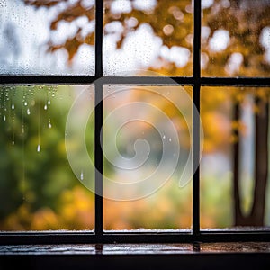 Raindrops On Windowpane With Autumn Trees