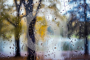 raindrops on the windows glass in focus with blurred autumn background. autumn leaves on rainy glass texture, bright