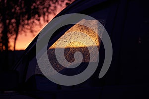 Raindrops on the windshield of a car