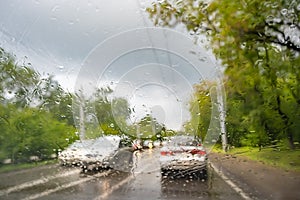 Raindrops on the windshield of a car