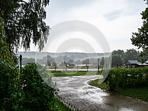 Rainfall over dirt road in park on summer day