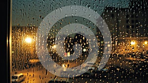 Rainfall Symphony: Raindrops on Window Pane, Enigmatic Nighttime Neighborhood