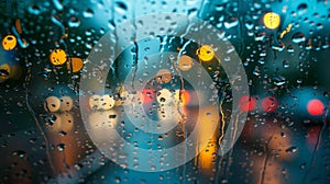 Rainfall view water droplets on car window reveal road ahead as rain falls outside