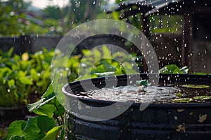 Rainfall on water-filled barrel with young plants in a green garden, highlighting nature's cycle of growth and