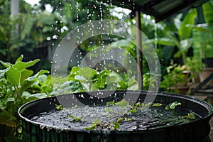 Rainfall on water-filled barrel with young plants in a green garden, highlighting nature's cycle of growth and