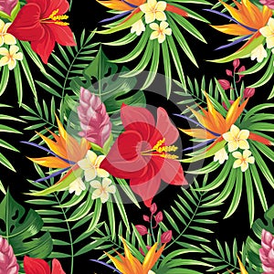 Rainforest flowers seamless pattern. Tropical flower leaves, tropic jungle plants and exotic floral branch vector