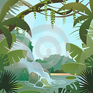 Rainforest in jungle with palms and waterfall