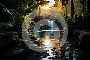 A rainforest with lush greenery and a waterfall cascading into the pool below.