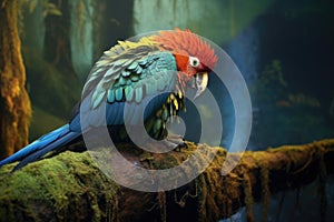 rainforest parrot preening feathers in a serene setting