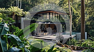 This rainforest retreat effortlessly blends modern luxury with natural beauty. The use of sustainablysourced materials