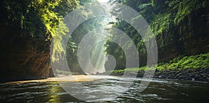 A rainforest river landscape featuring a mysterious jungle temple