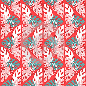 Rainforest seamless pattern on red background, palm leaf, trendy illustration for textile and wrapping paper