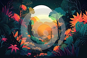 Rainforest with tropical plants at full moon, created using generative ai technology