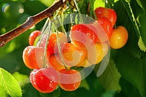 Rainier cherry harvest garden growing fruit branch sweet cherry fruit hanging berry tree. Ripe sweet cherry tree branch