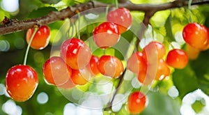 Rainier cherry harvest garden growing fruit branch sweet cherry hanging berry tree. Ripe sweet cherry tree branch bunch