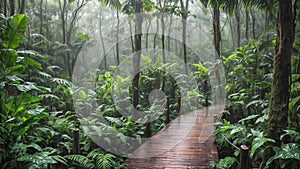 Raining all the time. Here is a jungle trail in the rainforest. Puddles form on the wooden pathway, and raindrops create ripples.