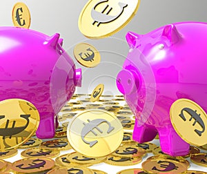 Raining Coins On Piggybanks Showing Profits