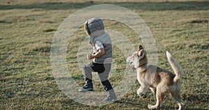 Raining cute little boy with his husky dog through the big field. 4k