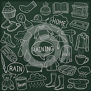 Raining Day Autumn Spring Traditional Doodle Icons Sketch Hand Made Design Vector