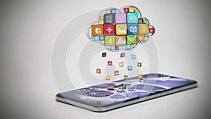 Raining digital apps on the smartphone from cloud shaped application store. 3D illustration