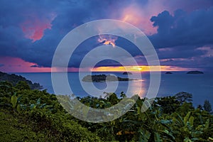 Raining over blue sea at sunset time koh chang island trad east