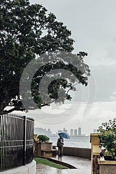 Raining in Park that near the Coast with a Man Holding Umbrella and Seeing Seascape and Cityscape of George Town, Penang, Malaysia