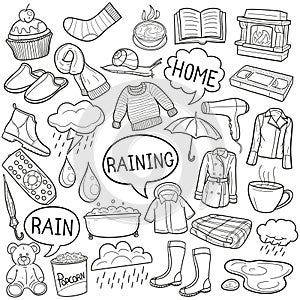 Raining Traditional Doodle Icons Sketch Hand Made Design Vector