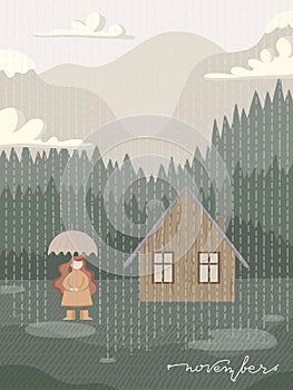 Raining vector illustration with girl and umbrella. Mountain cabin and November lettering