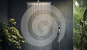 Rainshower modern design.Water flowing from shower, close up. Modern bathroom interior. Chrome shower head with