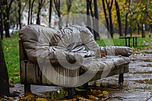 rainsoaked sofa discarded in a park