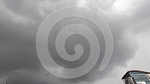 Rainstorm dark clouds Timelapse nature background. Panoramic view of rainy weather. Dramatic clouds rolling in the atmosphere.
