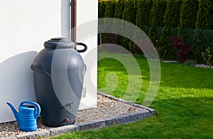 Rainwater barrel downspout modern design house exterior