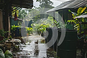 Rainwater collecting in barrels during a heavy downpour in a tropical backyard setting