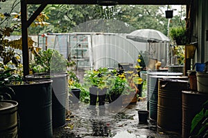Rainwater collecting in barrels during a heavy downpour in a tropical backyard setting