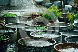 Rainwater collecting in barrels during a heavy downpour in a tropical backyard setting