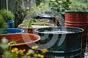 Rainwater collecting in barrels during a heavy downpour in a tropical backyard setting