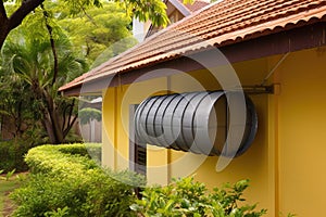 a rainwater collection barrel under the eaves of a bungalow