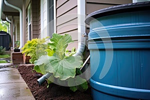 rainwater collection barrel under a house downspout