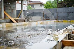 rainwater filling an incomplete swimming pool at a construction site