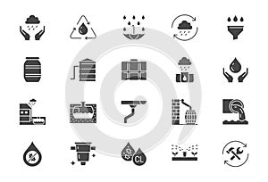 Rainwater harvesting flat icons. Vector illustration include icon - barrel, stainless steel reservoir, pipe