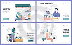 Rainwater harvesting set. Sustainable practice of urban water preservation